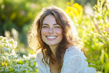Smiling young caucasian female in sunlit garden surrounded by wildflowers