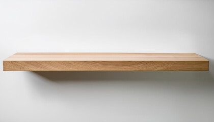 Empty contemporary wall-mounted shelf. Light oak wood. Isolated on white wall background. Mock-up