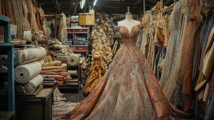 costume designer fitting a flowing, ornate gown onto a mannequin in a luxurious workshop filled with sequins and fabric rolls