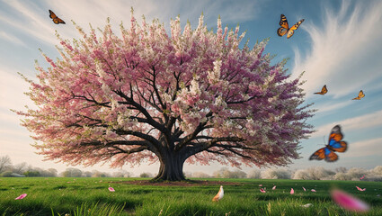 a highly detailed, cinematic photograph of a majestic, glowing digital art-style tree with intricately arranged, vividly colored mosaic leaves, each reflecting a different, shimmering hue, from emeral