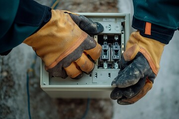 Expert electrician repairs circuit box with precision and skill in a residential setting