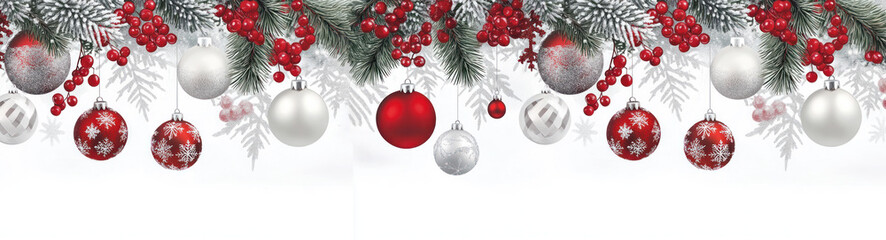 christmas festive holiday decoration with a border of pine branches, red berries, and various Christmas ornaments in red, white, and silver hues. The decorations hang from the top, l	