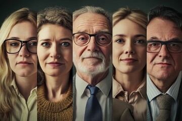 Five diverse faces, serious expressions, close-up portraits.