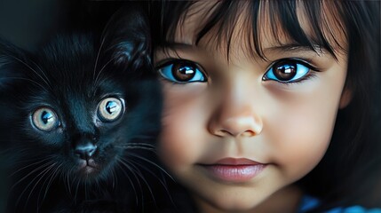 Child girl with a kitten in her arms. Selective focus.