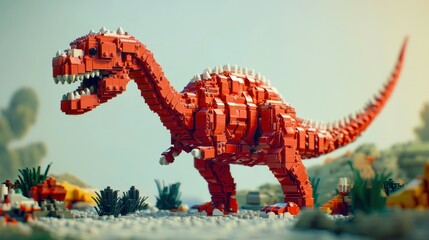 A colorful dinosaur model in a natural setting.