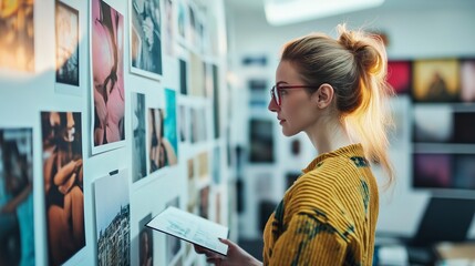 creative director reviewing a bold advertising campaign in a sleek office