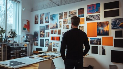 creative director reviewing a bold advertising campaign in a sleek office