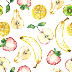 Seamless pattern of plenty colorful fruits. Summer print with hand drawn fruits. Watercolor illustration