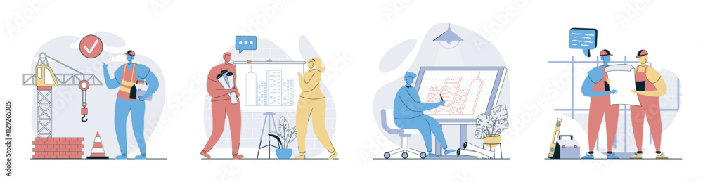 Fototapete construction engineer concept set in flat design for web. collection with people working at building