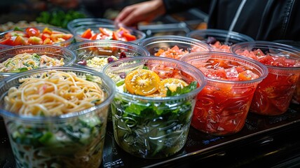 Restaurant healthy food delivery in take away boxes for daily nutrition