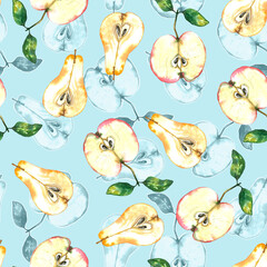Seamless pattern of colorful apples and pears. Summer print with hand drawn fruits. Watercolor illustration