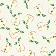 Watercolor seamless pattern apples on a color background.