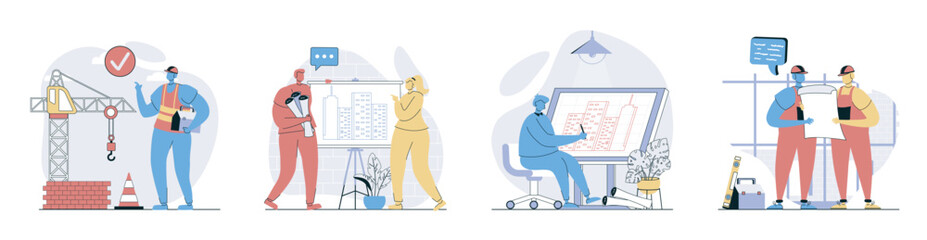 Construction engineer concept set in flat design for web. Collection with people working at building site, creating and discussing architect blueprints, drawing house plans. Vector illustrations.