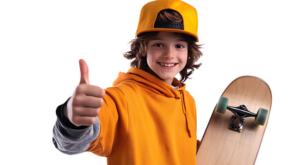 Obraz premium A young boy is holding a skateboard and giving a thumbs up