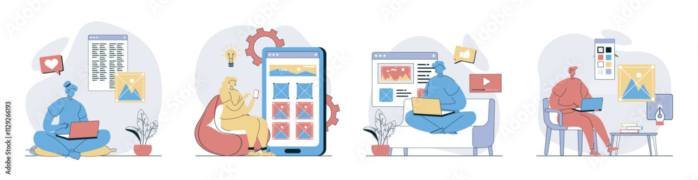 Poster content manager concept set in flat design for web. collection with people creating photos and image