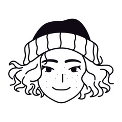 Vector Young Smiling Woman Avatar Wool Hat Cartoon Illustration Isolated