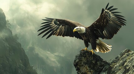 Obraz premium A majestic eagle spreads its wings atop a rocky perch, set against a dramatic, cloudy mountain backdrop.