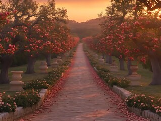 Fototapeta premium Rose petals line a pathway between flowering trees at sunset