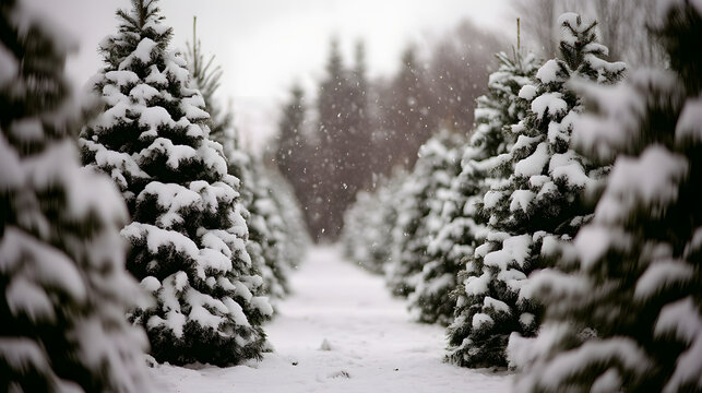 A Christmas tree farm with rows of trees covered in fresh snow ready to be chosen and decorated.