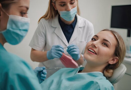 A woman sits in a dental chair as a dentist examines her teeth