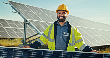 Man, portrait and engineer with solar panel at field, energy saving and supervisor for maintenance. Male person, renewable power supply and outdoor for ecology project, safety helmet and grid system