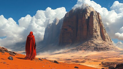 Red robed figure walking towards a desert mountain