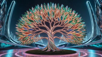 a highly detailed, cinematic photograph of a majestic, glowing digital art-style tree with intricately arranged, vividly colored mosaic leaves, each reflecting a different, shimmering hue, from emeral