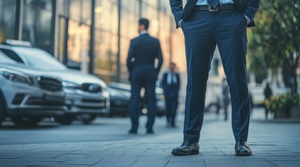 Businessmen in suits standing on a city street.