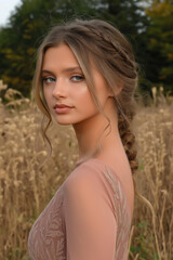 Obraz premium outdoor portrait of a young woman with soft makeup in a mocha mousse dress, set against a field, perfect for lifestyle and fashion photography