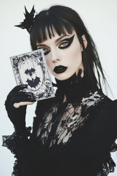 Woman with black makeup holding CD