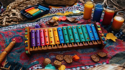 Naklejka premium Colorful Musical Instrument with Vibrant Tubes and Drinks on a Rustic Textile Surface Amidst Natural Elements for Creative and Playful Atmosphere