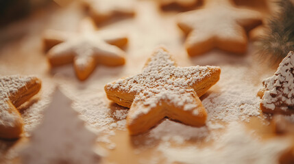 A close-up of Christmas cookies shaped like stars and trees dusted with powdered sugar.