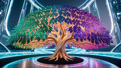 a highly detailed, cinematic photograph of a majestic, glowing digital art-style tree with intricately arranged, vividly colored mosaic leaves, each reflecting a different, shimmering hue, from emeral