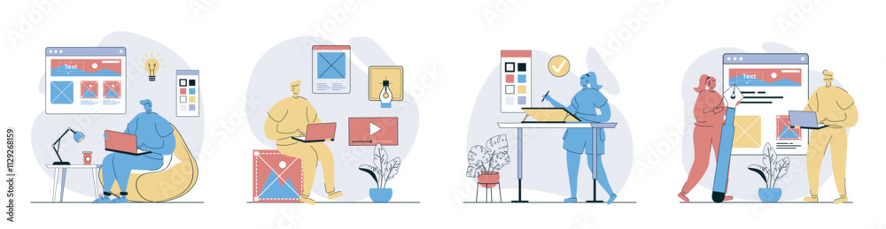Aufkleber designer studio concept set in flat design for web. collection with people drawing digital images an