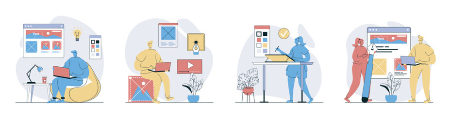 Designer studio concept set in flat design for web. Collection with people drawing digital images and graphic elements, selecting colours, building visual site layout with tools. Vector illustrations. © alexdndz