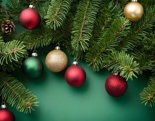 Naklejka premium Christmas tree branch with red shining ball isolated on green background copy space new year concept