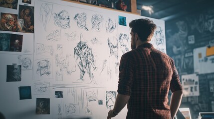 game designer brainstorming ideas on a whiteboard, with concept art and character designs covering the walls of a modern studio