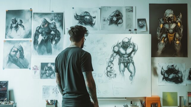 game designer brainstorming ideas on a whiteboard, with concept art and character designs covering the walls of a modern studio