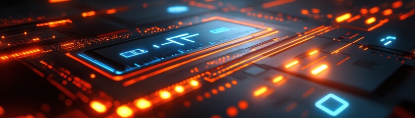 Futuristic digital circuit board featuring glowing lines and advanced technology elements.