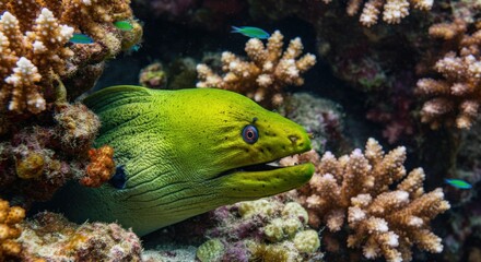 Obraz premium Vibrant moray eel among coral reefs in a colorful underwater scene