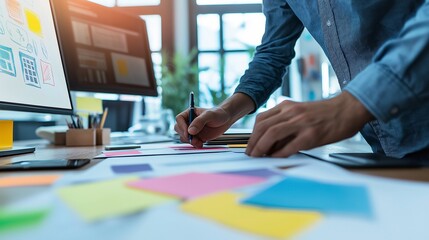graphic designer at a sleek computer desk, working on a colorful digital concept, with dynamic sketches and glowing monitors in the background