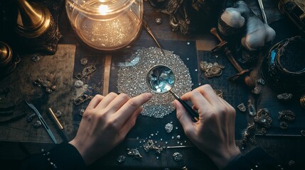 jewelry designer crafting a delicate necklace under a magnifying glass, surrounded by sparkling gemstones and intricate tools