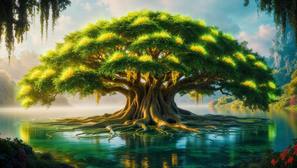 a mystical, dreamlike photograph capturing a majestic tree with radiant, glowing emerald green leaves that seem to pulse with an otherworldly energy, its branches heavy with luscious, golden fruit, it