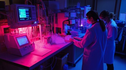 laboratory where technicians are processing routine medical tests, surrounded by glowing machines and sterile tools, white walls and white medical equipment, super realistic