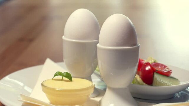 Boiled Eggs are Served in Egg Cup for Breakfast with Butter, Smooth Food Shot in a restaurant or Cafe, Morning Meal.
