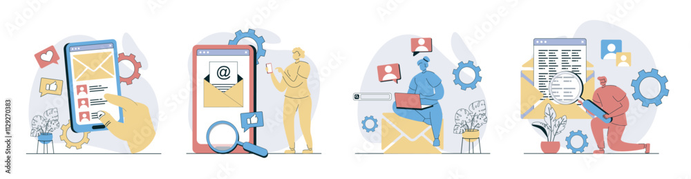 Leinwandbilder email service concept set in flat design for web. collection with people sending emails at phone app