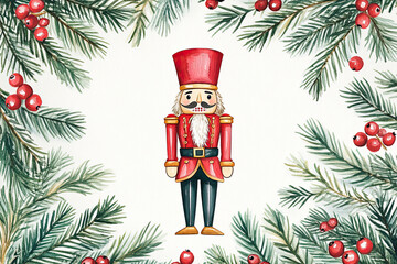 Watercolor Christmas card with a nutcracker framed by holly berries and pine branches