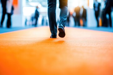 People walking on an orange carpet in a modern building.
