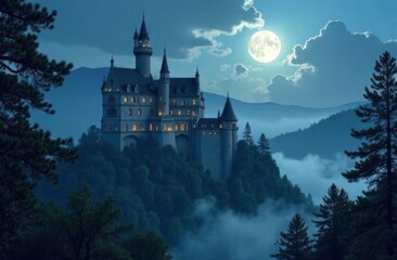 A majestic medieval castle glowing in a misty forest under a moonlit sky.
