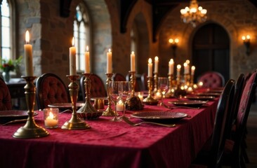 A magical medieval dining table in a romantic, atmospheric setting.